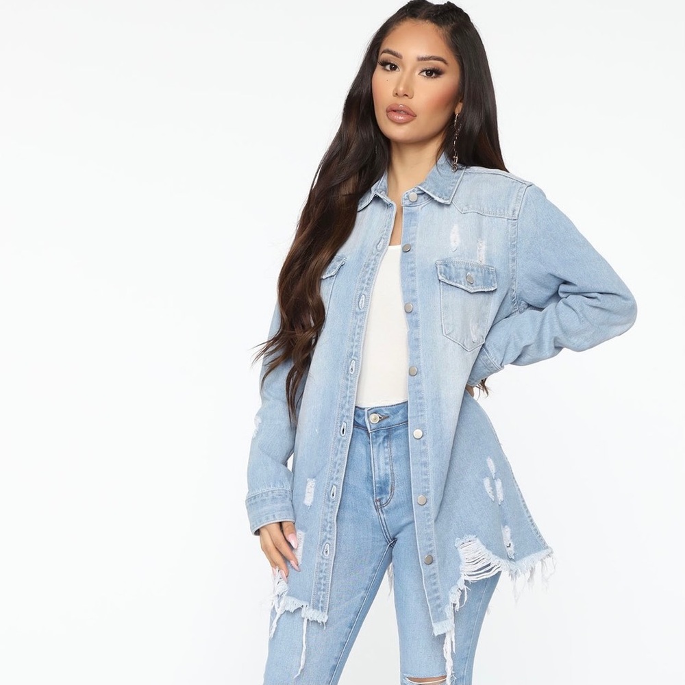 Fashion Nova distressed denim shirt jacket